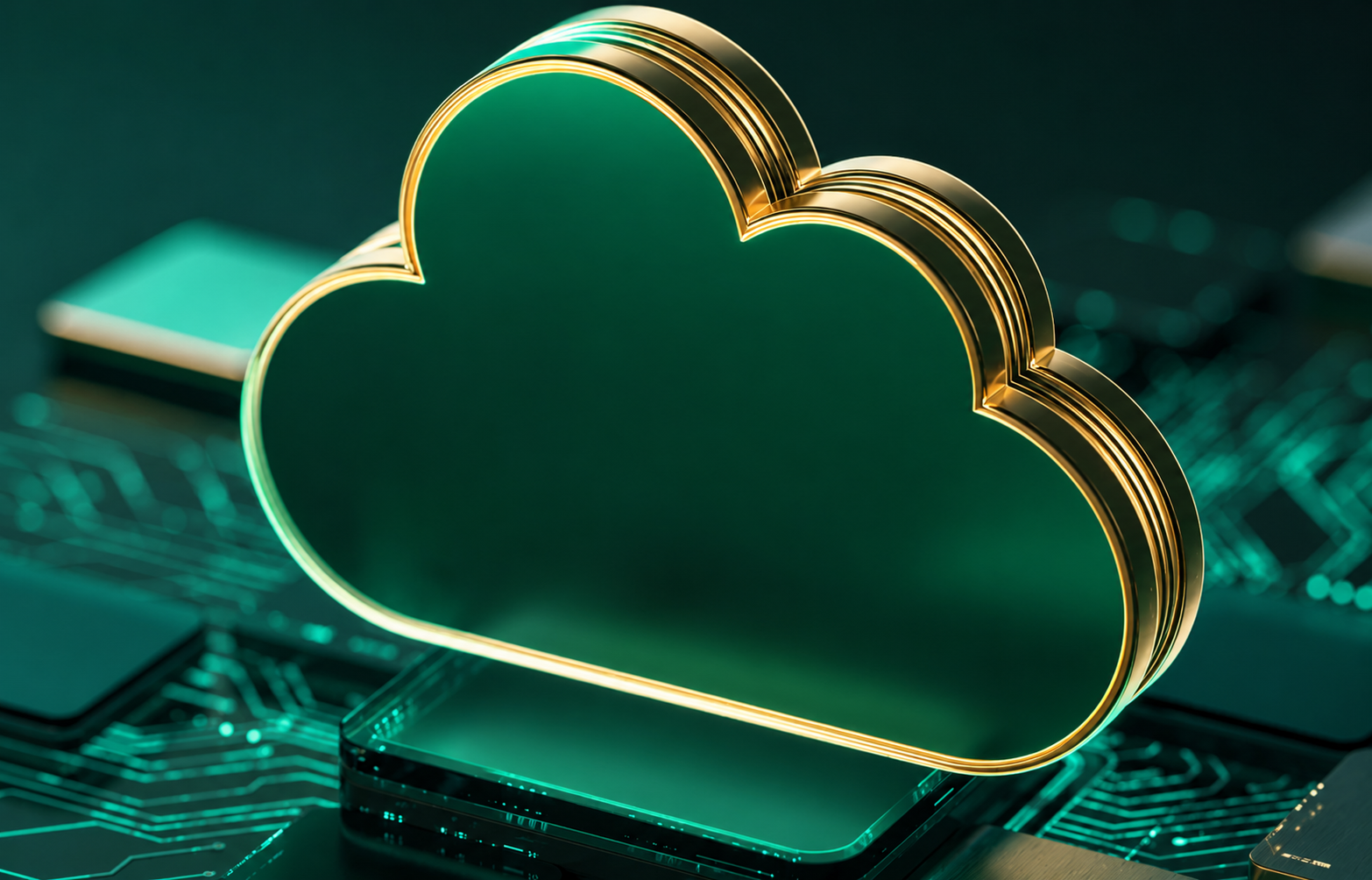 Emerald and gold cloud emblem on a circuit board